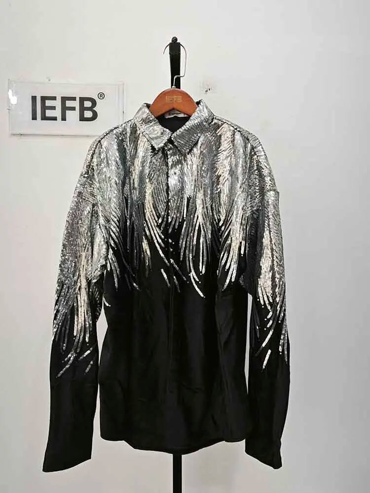 IEFB Summer Embroidery Sequin Velvet Fashionable Temperament Men's Long Sleeve Shirts Lapel Personal Design Oversize Tops 9Y6658