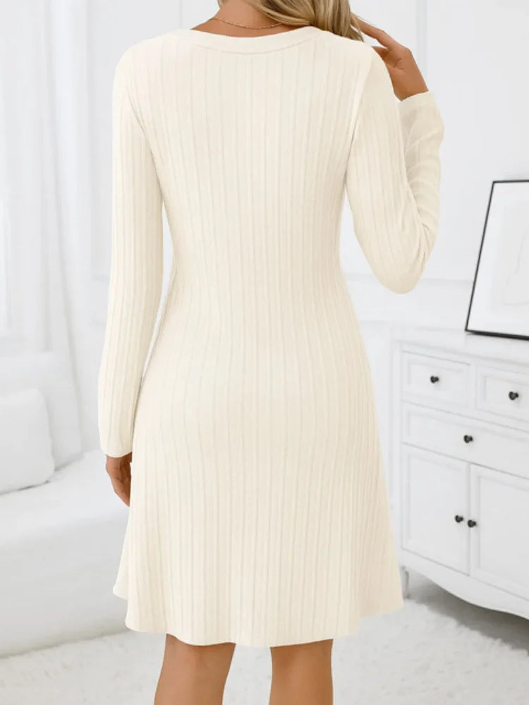 Spring 2026 Commuter Style Fleece Dress High Waist Slim Fit Midi Skirt Women's V-neck Long Sleeve Polyester Knitted Dress