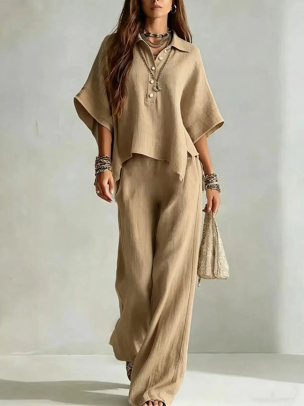 New Solid Color Pants Set 2026 Summer Loose Half-sleeved Shirt Loose Wide-leg Trousers Two-piece Set Fashion Vacation Suit