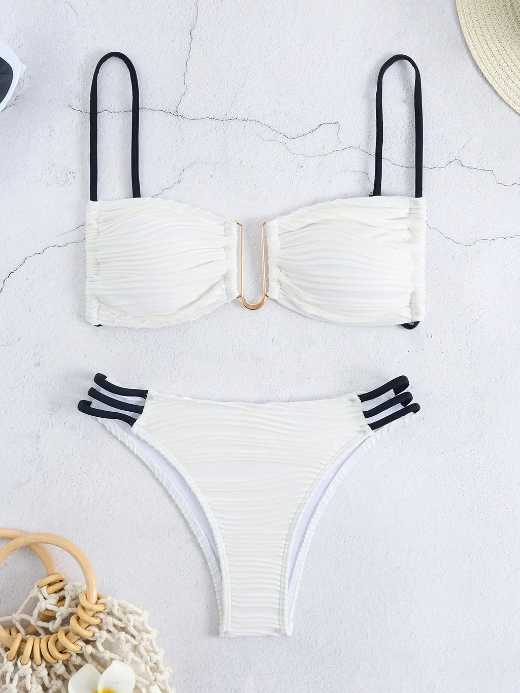 Sexy Women Lingerie Bikini Strapless Top Bikinis Beige Three Strap Bottom Swimsuit High Cut Two Piece Swimsuit