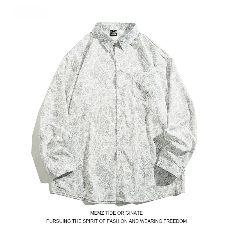 Memz Trendy Long Sve Loose Fit Collared irt for Men with Texture Embroidery Hong Kong Sle Versatile Faionable irt