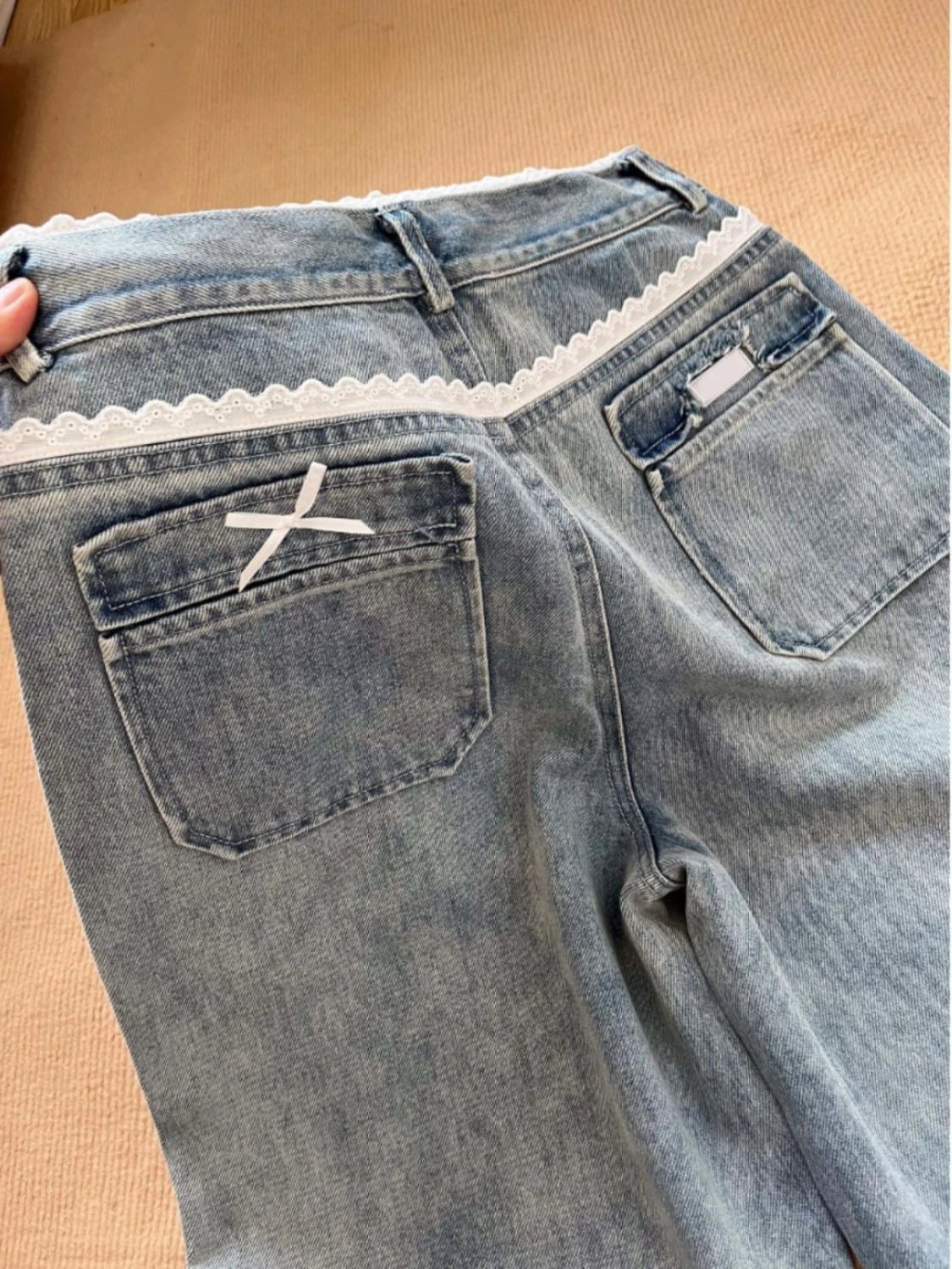 Women's Blue Y2k Lace Bow Jeans Baggy Aesthetic Denim Trousers Harajuku Streetwear Jean Pants Vintage 2000s Trashy Clothes 2024