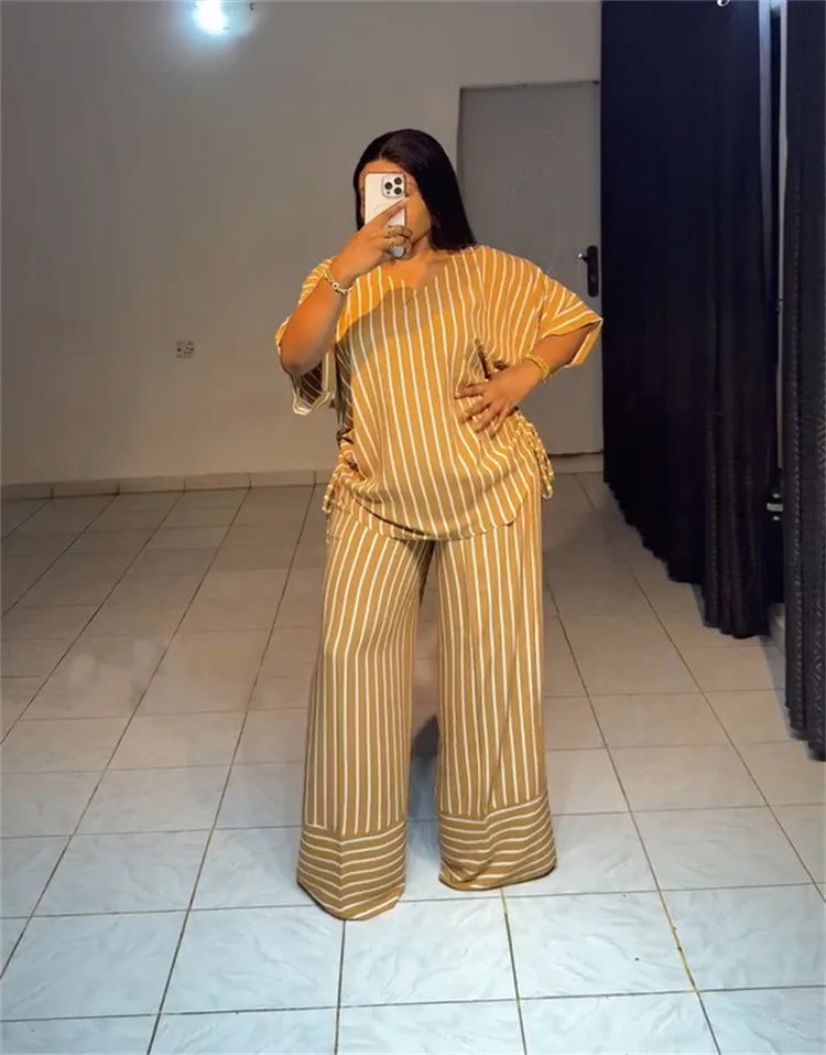 Pant Set Women Two Piece Sets V Neck Short Sleeve Drawstring Shirt Striped Wide Leg Long Pants Elastic Waist Y2k Streetwear 2026