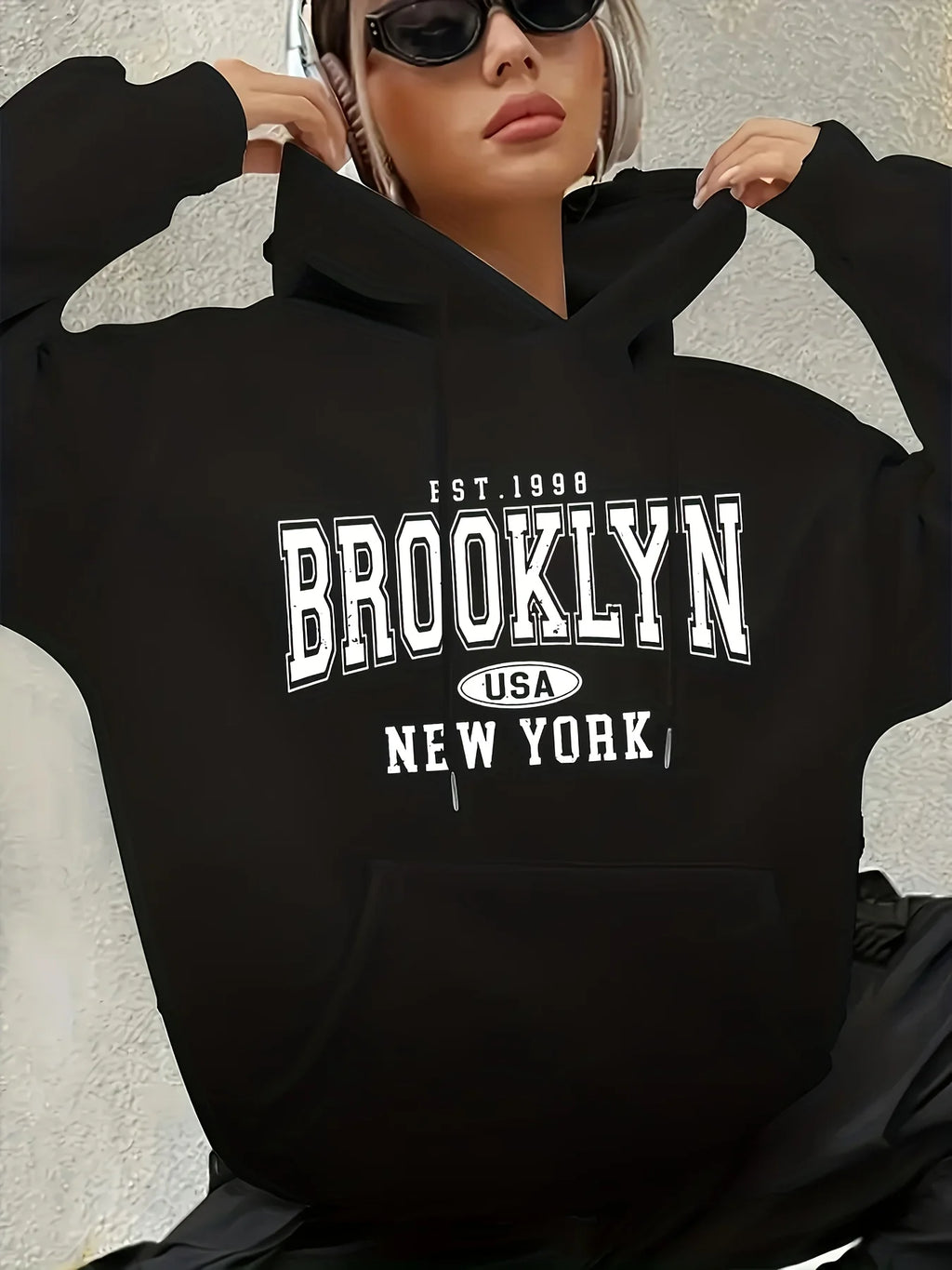 Lady's letter-printed drawstring hooded sweatshirt with long sleeves and pocket featuring geometric patterns regular fit clothes