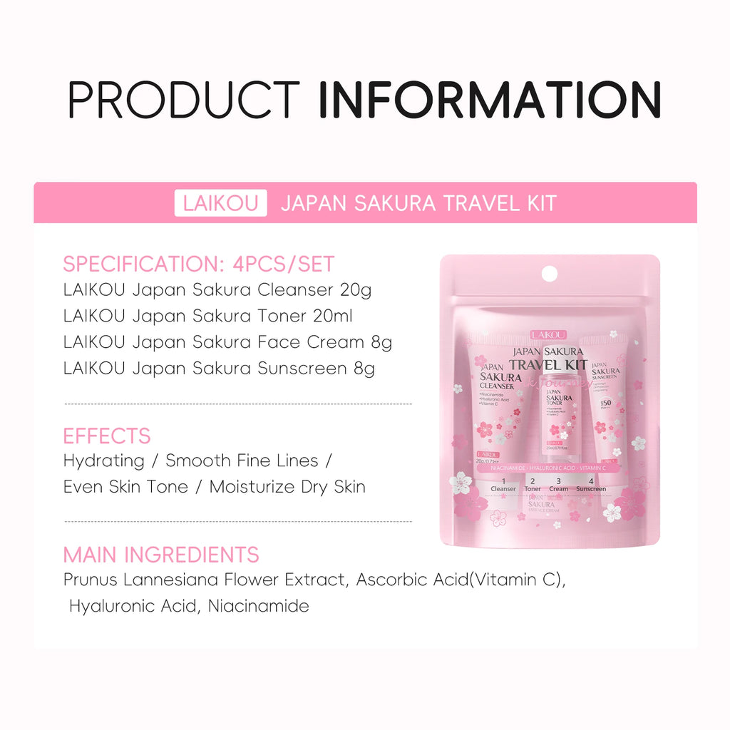 LAIKOU Japan Sakura Full Skincare Set Cleanser Toner Serum Cream Eye Cream Sunscreen Travel Kit Complete Facial Care