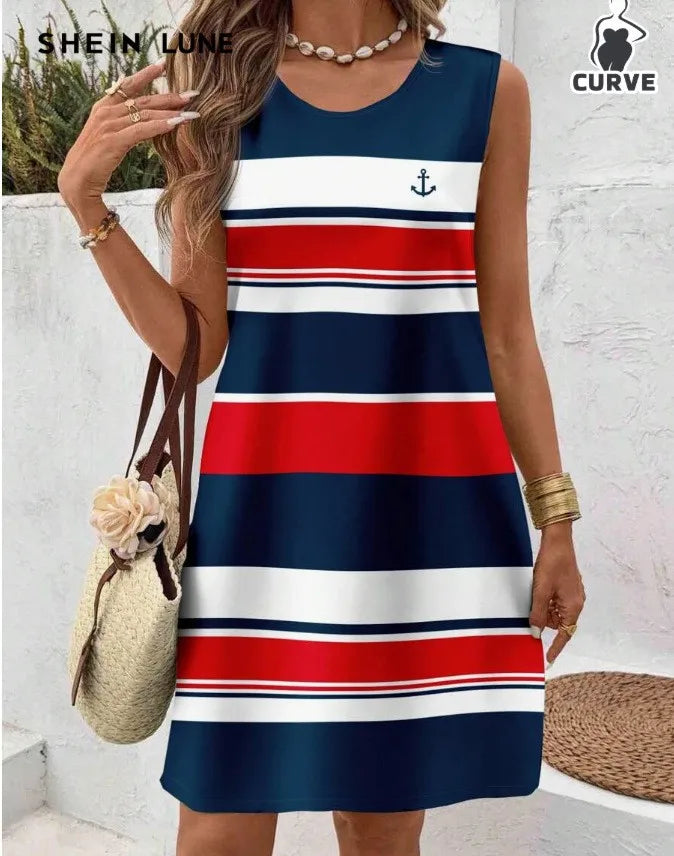 Women's Casual Summer Sleeveless Loose Fit Round Neck Pull On 3D Print Mid Length Dress for Women Beach Hiking Camping Outfits