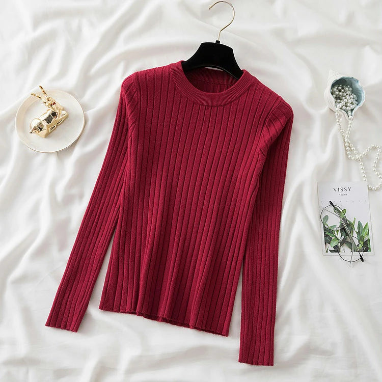 Women Pullovers Sweaters Knit Soft Jumper tops New Autumn Winter Tops O-Neck Ribbed Long Sleeve Korean Slim-fit Female Sweater