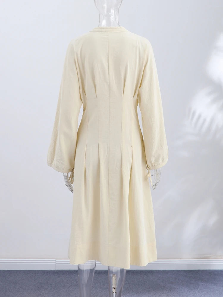 Casual Cotton Midi Dress Women O Neck Lace Up Lantern Sleeves Slim Waist A Line Robe Female 2026 Summer New Chic Solid Dresses