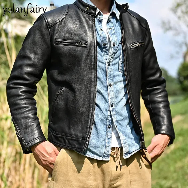 2023 New Genuine Leather Jacket Men 1.6 Thick Full-grain Top Layer Cowhide Natural Leather Clothes Men's Leather Jacket Chaqueta