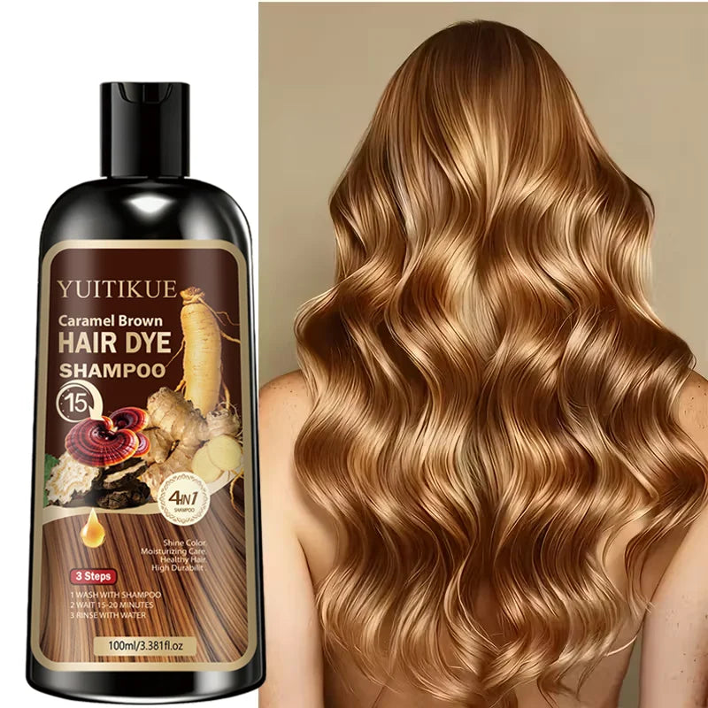 YUITIKUE Caramel Brown Hair Dye Shampoo 100ml 4-in-1 15-Minute Fast Dye & Moisturizing Hair Care