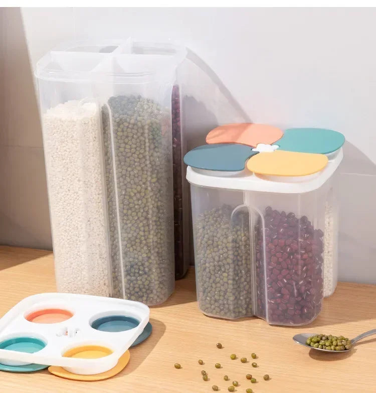 4 Grids Cereals Sealed Jar Kitchen Cereals Storage Box Plastic Food Container Moisture-proof Grain Tank Spaghetti Keep Fresh Box