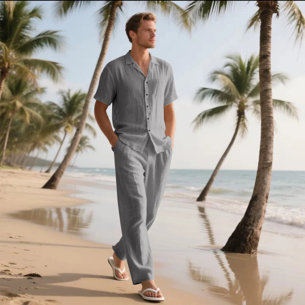 Men's Summer Beach Casual Cotton Linen Shirt Two-Piece Set with Lapel Pocket Long Pants And Shor Fashionable Breathable Clothing