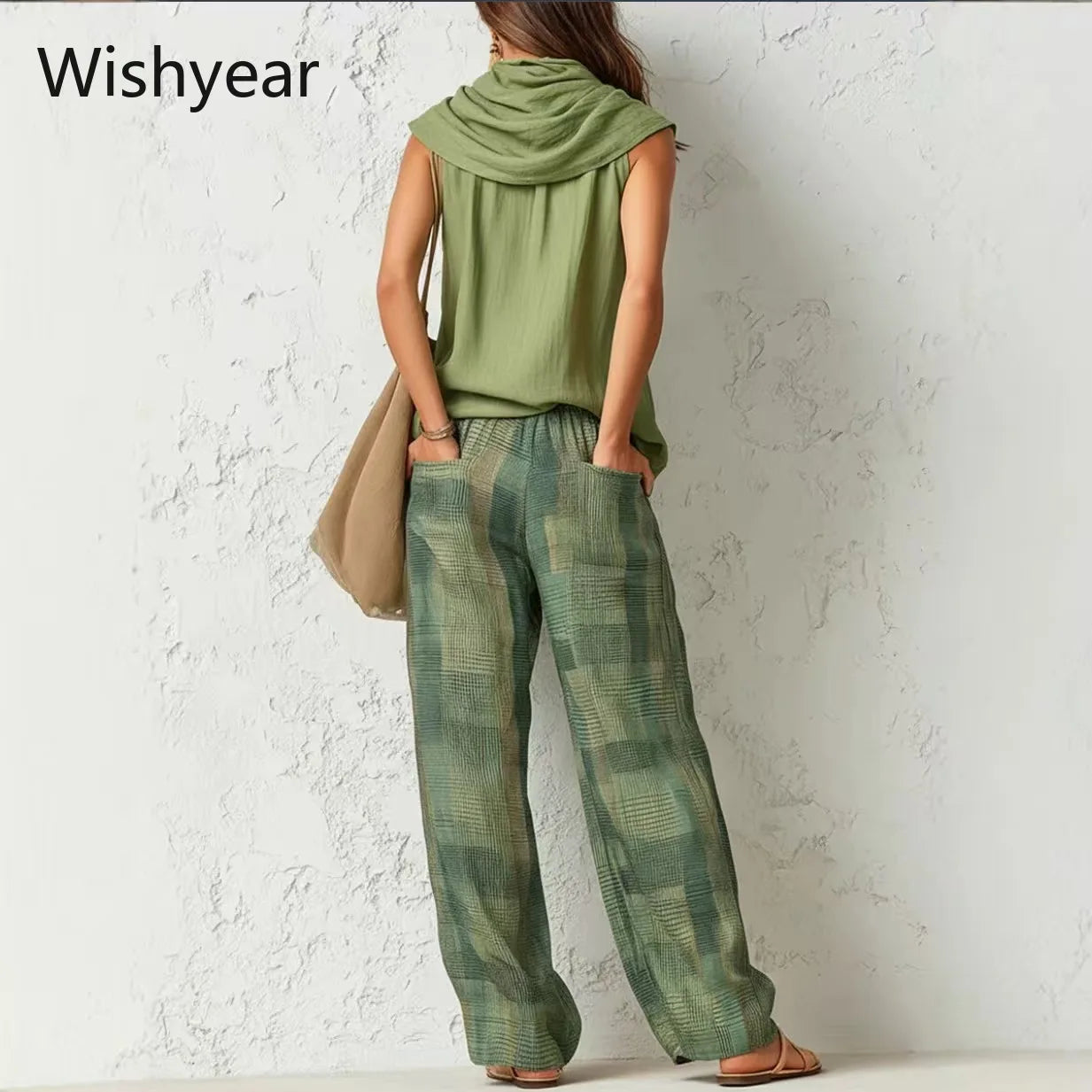 Women’s Casual Pants Set Sleeveless Draped Neck Top and High Waist Plaid Wide Leg Trousers 2 Piece Suit for Office Vacation Club