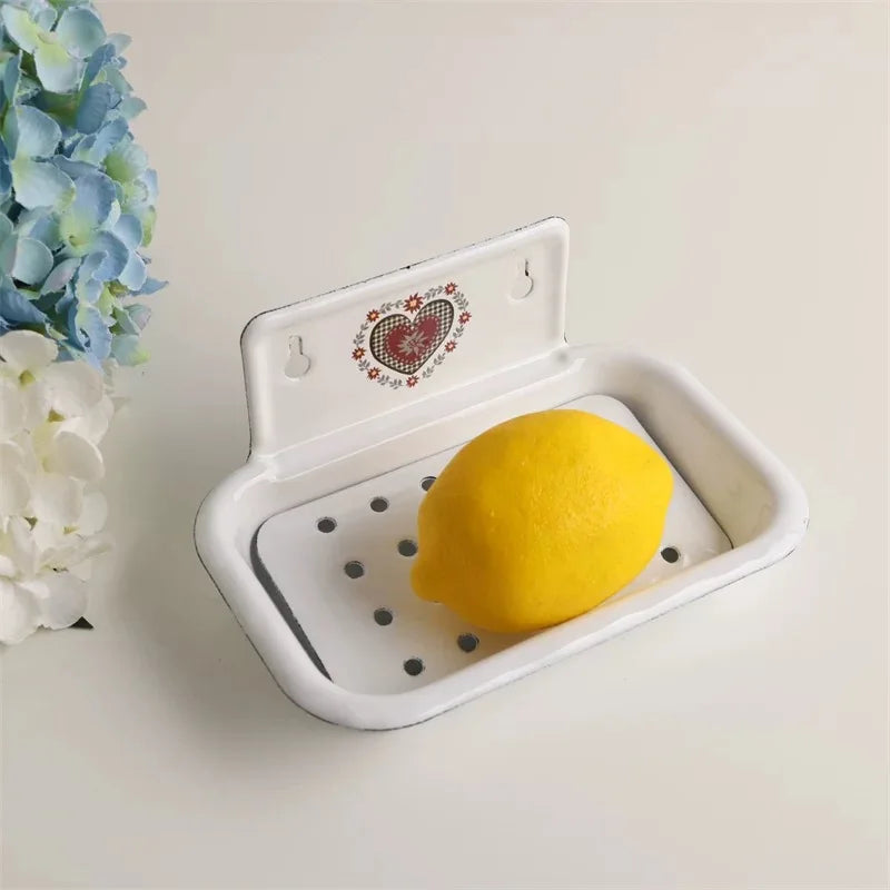 Vintage Enamel Soap Dish with Wall Mount, White, 6.1 X 3.9 X 3 Inches, Multiple Decorative Patterns