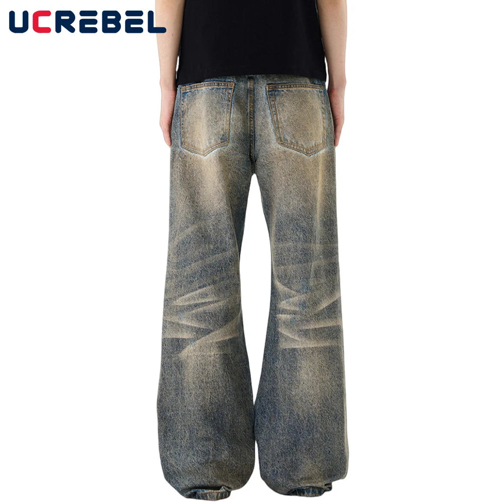 Ripped Straight Jeans Mens Retro High Street Washed Distressed Baggy Wide Leg Trousers Men