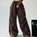 Women's Brown Parachute Pants 2026 Summer New Loose Straight Wide Leg Trousers Casual Quick Dry Cargo Pants Streetwear