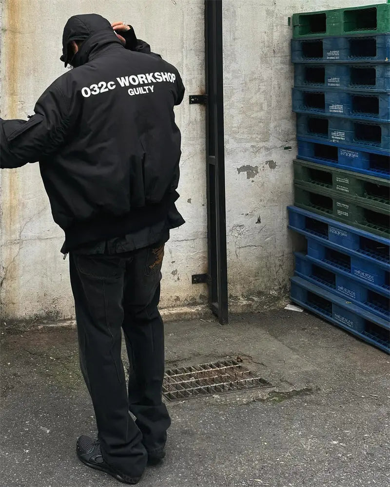 032C black silhouette short wide bomber zip multi pocket jacket