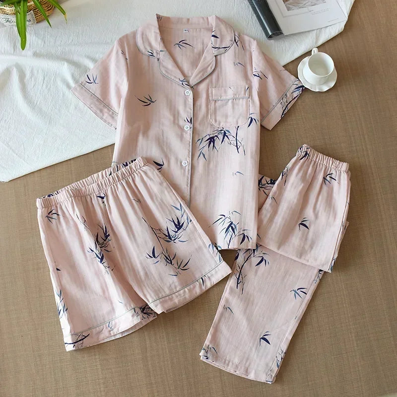 Three-piece Japanese-style pajamas women spring and summer autumn 100% cotton gauze short-sleeved shorts trousers summer suit ho