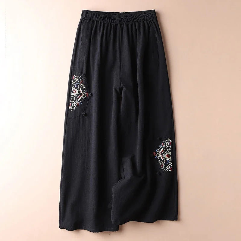 Women's Fashion New Loose Wide Leg Pants Simple Casual Solid Color Splicing Embroidered Elastic Waist Slim Thin Straight Pant