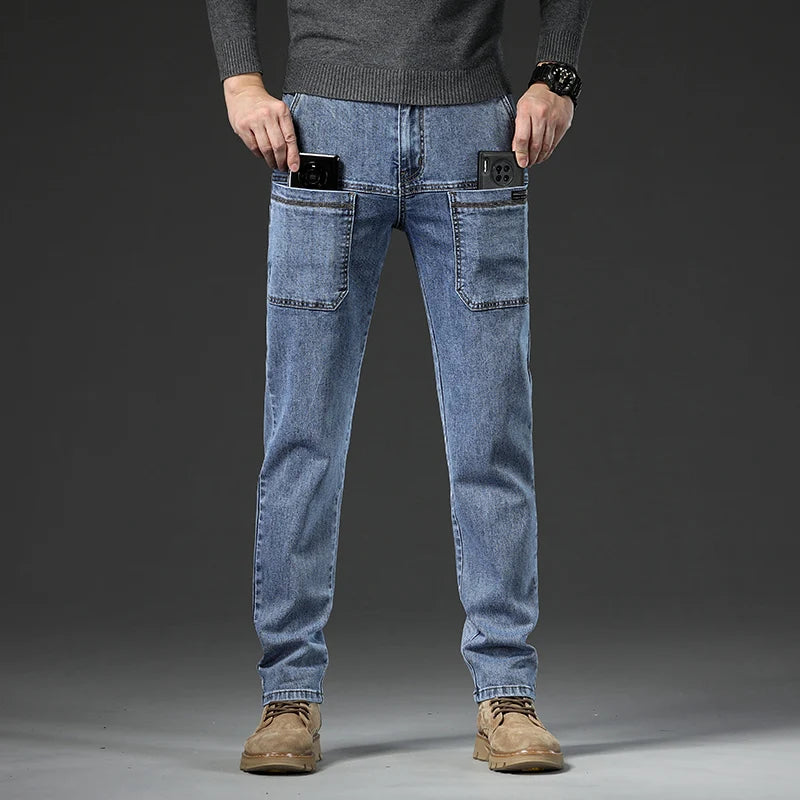 6 Pocket Design Denim Jeans Men's 2025 New High Elasticity Denim Casual Trousers Straight Male Pants Fashion Mid-waist Jeans