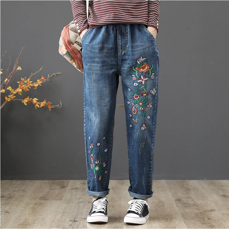 Women's Denim Pants Vintage Flower Embroidery Chinese Hand Work High Quality Casual Loose Jeans China Clothing Factory Wholesale