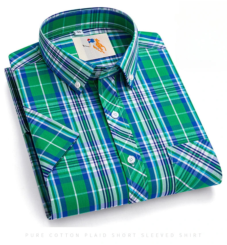 Fashion Korean Plus Size 8XL 100%Cotton Short Sleeve Shirts for Men Slim Fit Formal Plain Shirt Plaid Hawaiian Shirt Casual Top