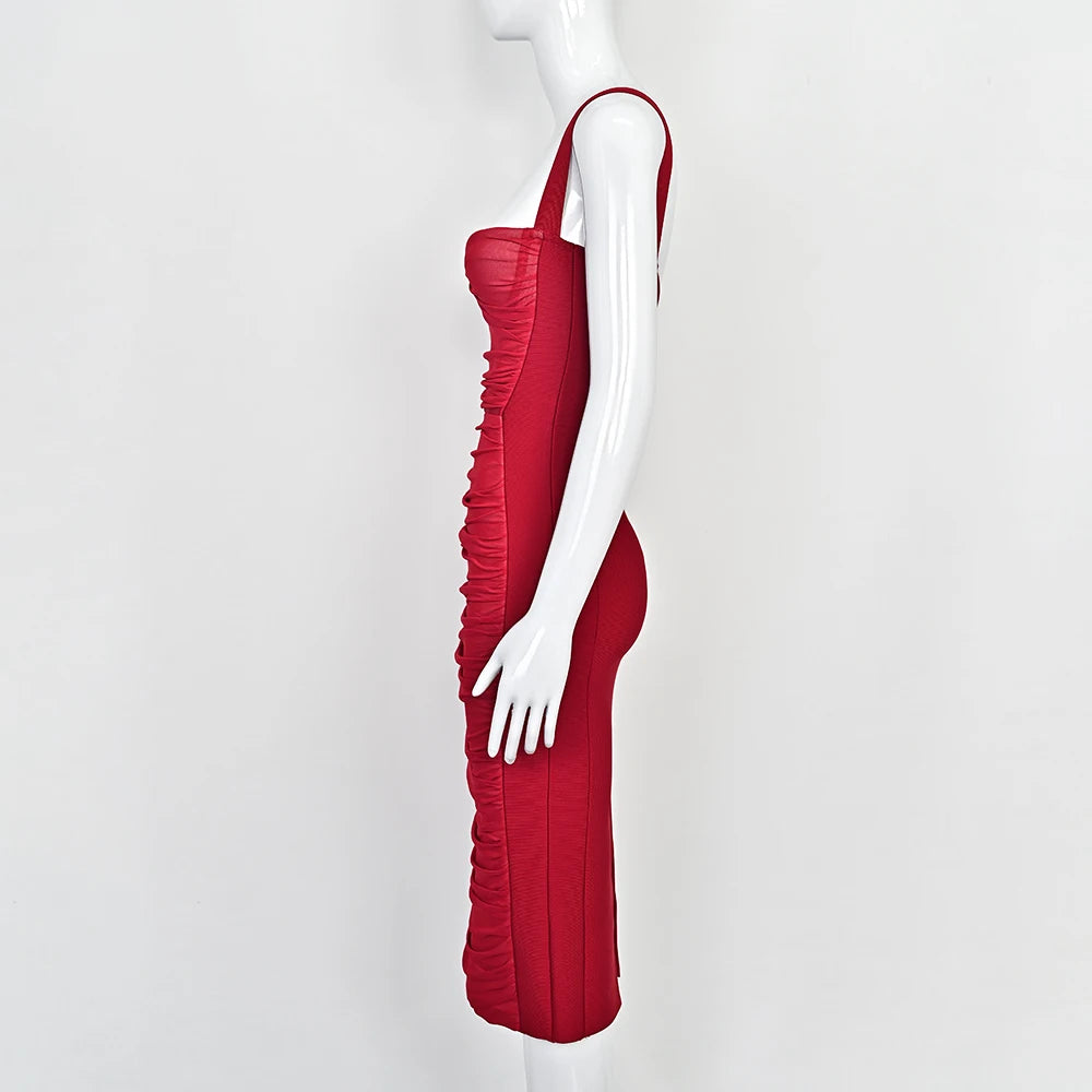 BEAUKEY Sexy Vintage Black Bandage Dress 2025 For Women Summer Draped Spaghetti Split Contrast Bodycon Dress XL Paded Vestido