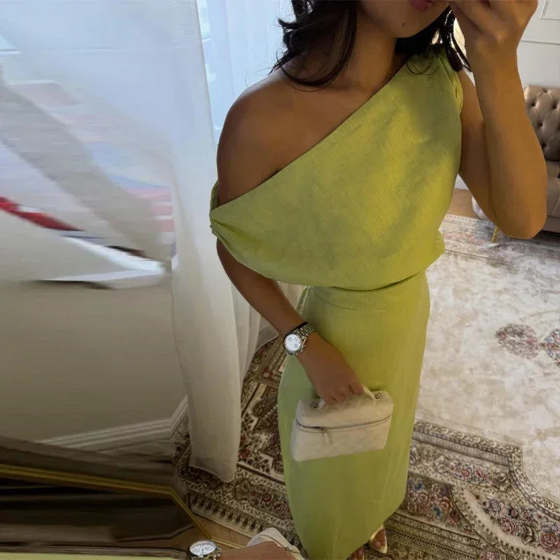 Elegant Off Shoulder Women's Dress Solid Sleeveless Oblique Collar Long Female Dresses 2026 Summer Fashion Lady Comfortable Robe