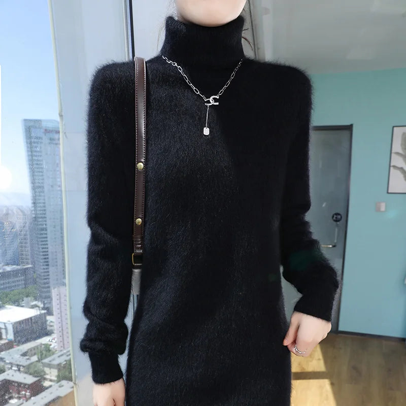 New Hot Selling 100% Mink Cashmere Knitted Women's High Neck Pullover Dress Sweater Slim Fit Solid Color Long Women's Dress