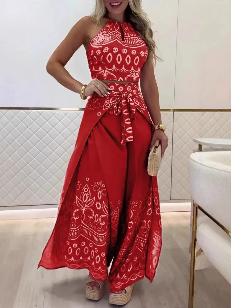 Summer New Fashion Printed Casual Loose Suit Literary Retro Sleeveless Halter Top Wide-leg Pants Commuting Two-piece Sets