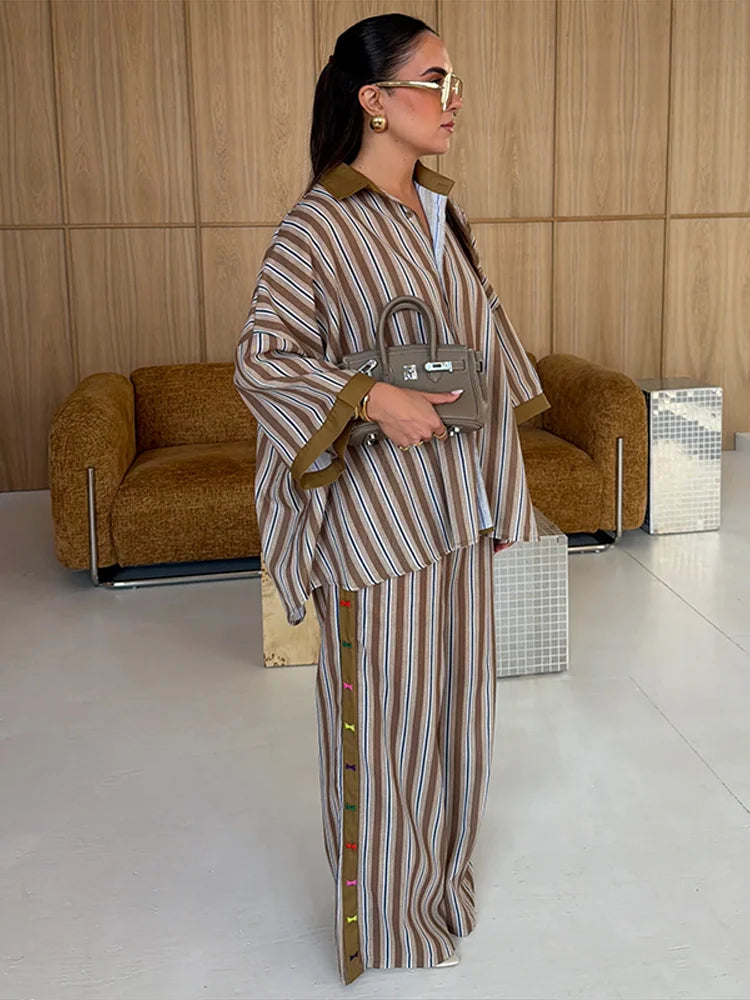 Loose Striped Contrast Wide Leg Pants Set Women Oversized Lapel Single Breasted Shirt Trousers 2026 Summer Lady Casual Outfits