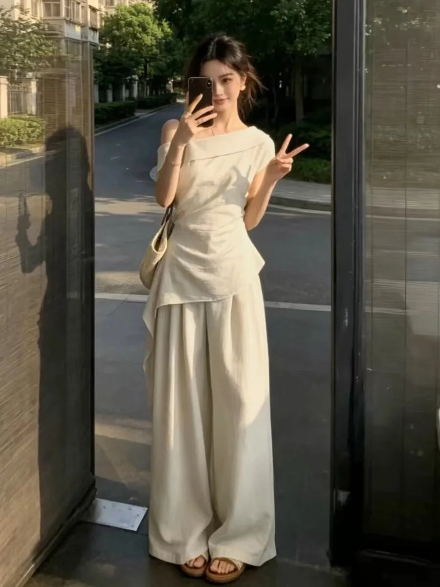 Summer Fashion Set Women's Side Shoulder Short Sleeve T-Shirt And Wide Leg Pants Two-Piece Suit Elegant And Stylish OOTD