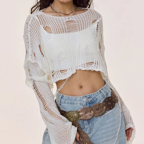 Sexy White Slash Neck Grunge Knitted Women's Sweater Hole Ripped Pullover Crop Top Harajuku Hollow Out Fashion Summer Jumpers
