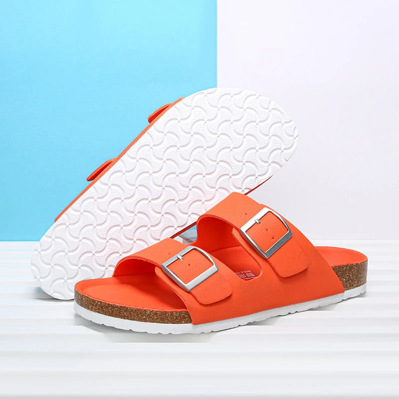 Summer Men Women Cork Slippers Clogs Microfiber Leather Slides Casual Slip On Sandal Double Buckle