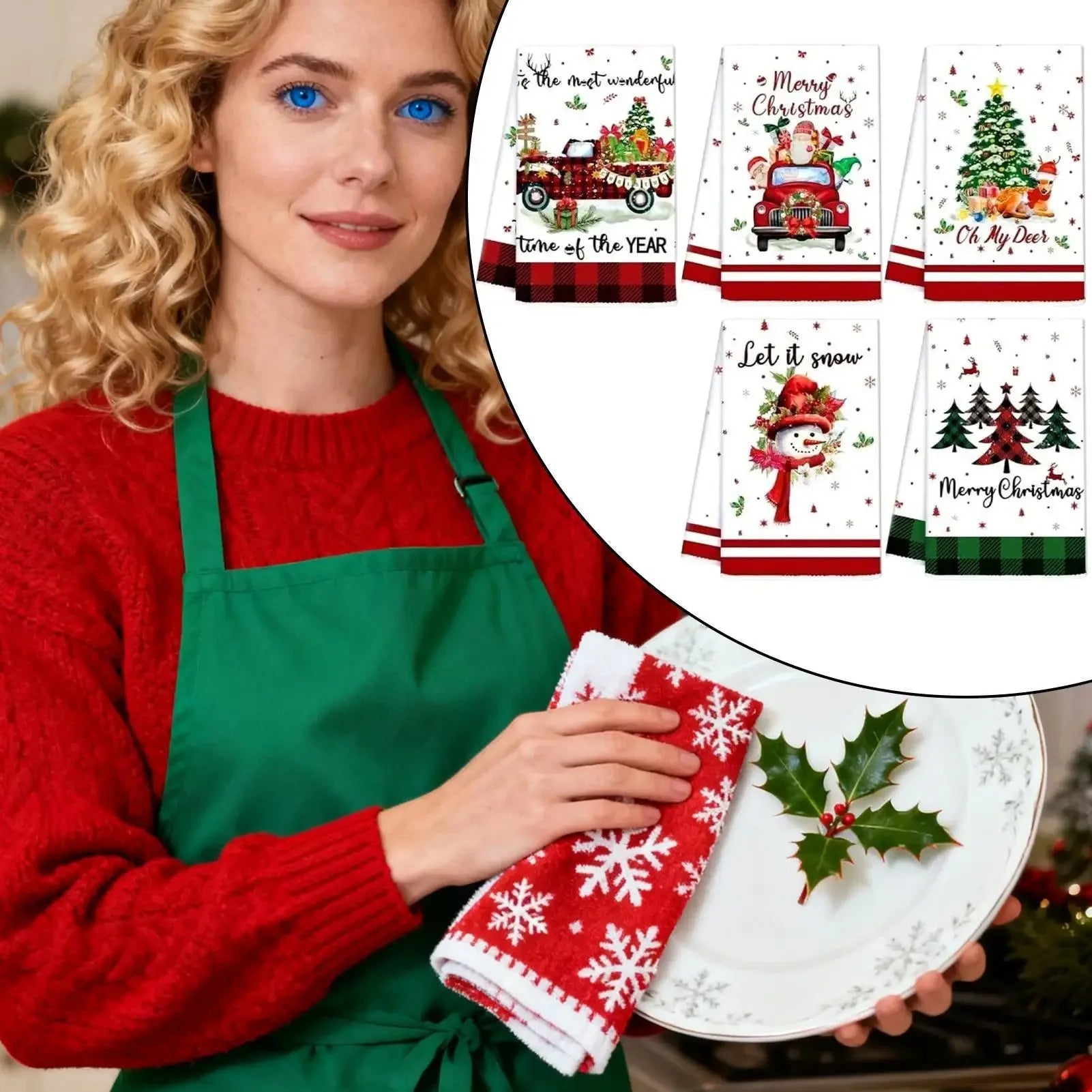 5 Christmas Kitchen Towels, Holiday Dishcloths, Santa Claus, Reindeer, Snowman, Christmas Towels, Holiday Parties, Family Meals
