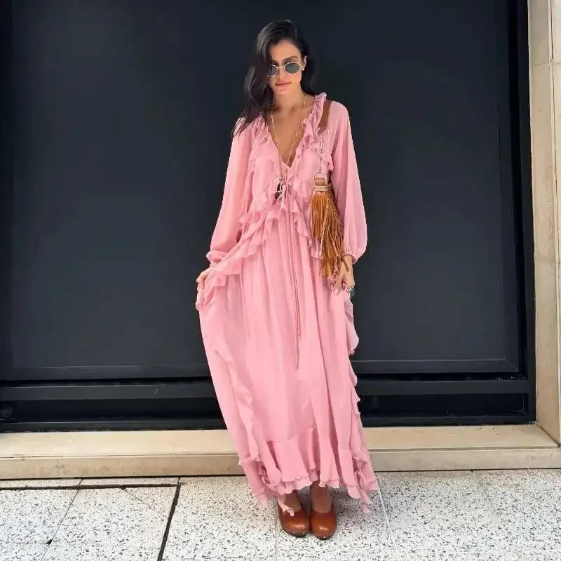 2026 Casual Solid Ruffles Patchwork Robe Women Minimalist Full Sleeve Mesh Loose Fit Lace Up Maxi Dress Vacation Daily Date Wear