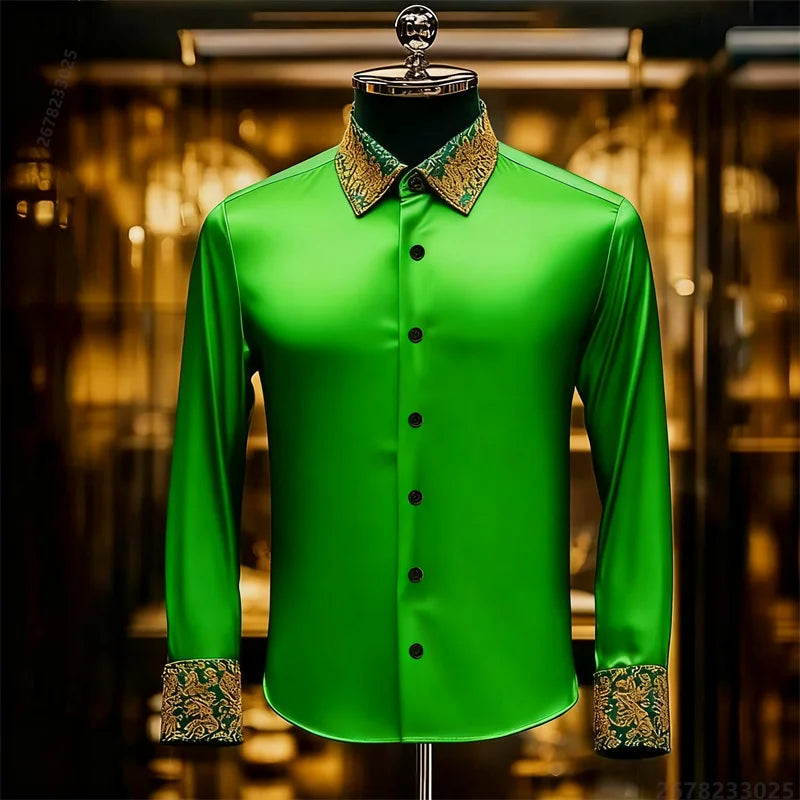 Luxury 3D Printed Long-Sleeve Men's Shirt, Baroque Gold Pattern Slim Fit Dress Shirt, Business Banquet Men's Shirt, Sizes XS-6XL