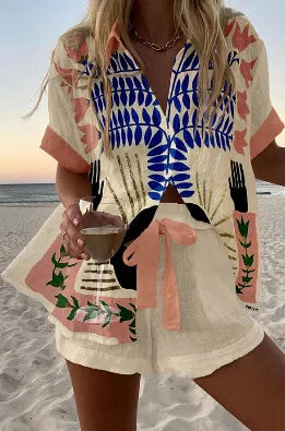 Fashion Print Beach Holiday Set For Women Summer New Short Sleeve Buttoned Shirt Wide Legs Shorts Oversized Two Piece Set
