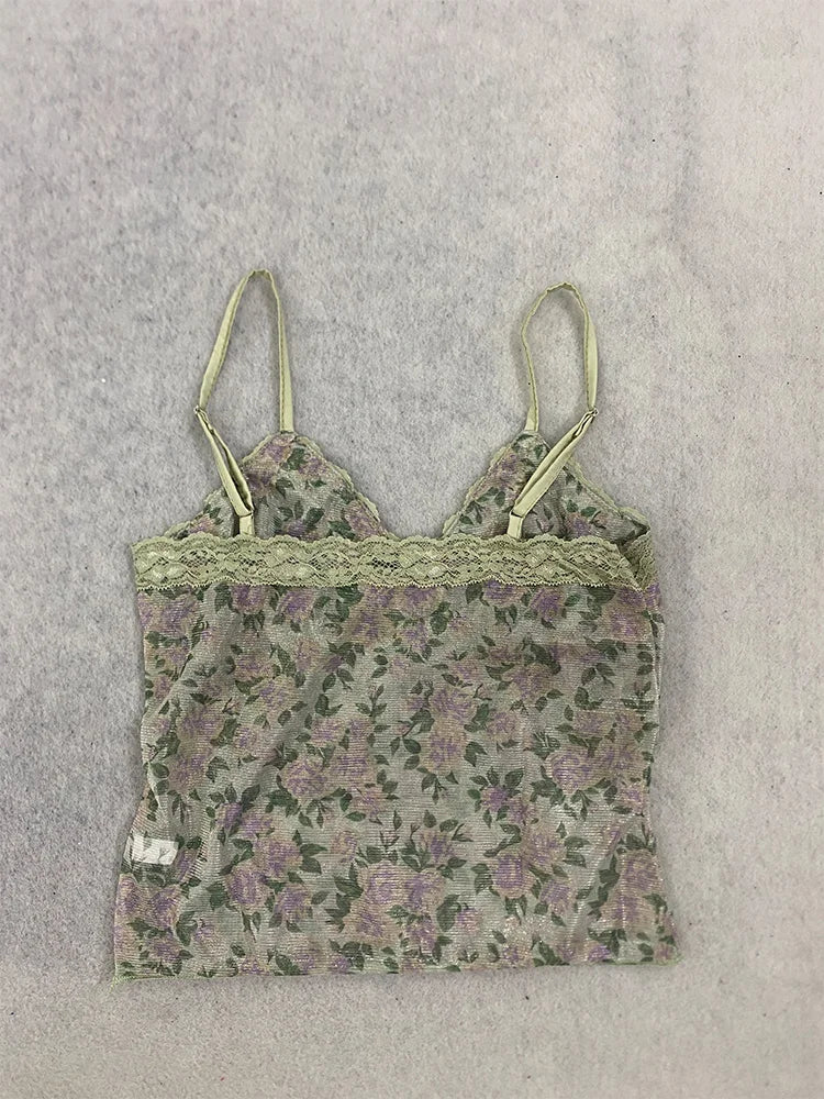Summer women's retro floral vest with lace trim, V-neck adjustable sexy short vest, suitable for daily street casual Y2K vest