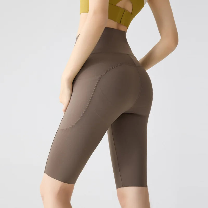 BIVIGAOS Summer Pocket Yoga Sharkskin Bicycle Shorts Women Thin High Waist Push Up Naked Feeling Sports  Fitness Cycling Shorts