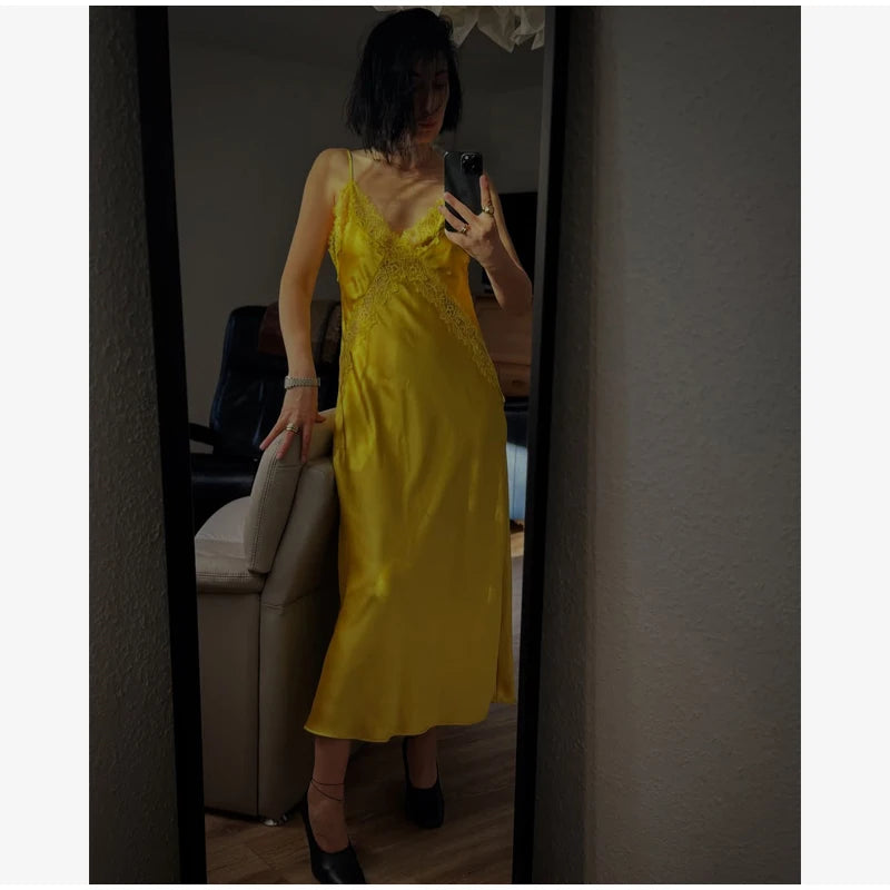 Chic Solid Lace Patchwork Satin Dress Fashion Sleeveless Off-shoulder Sling Maxi Dresses Party Daily Outdoor Casual Attire 2026