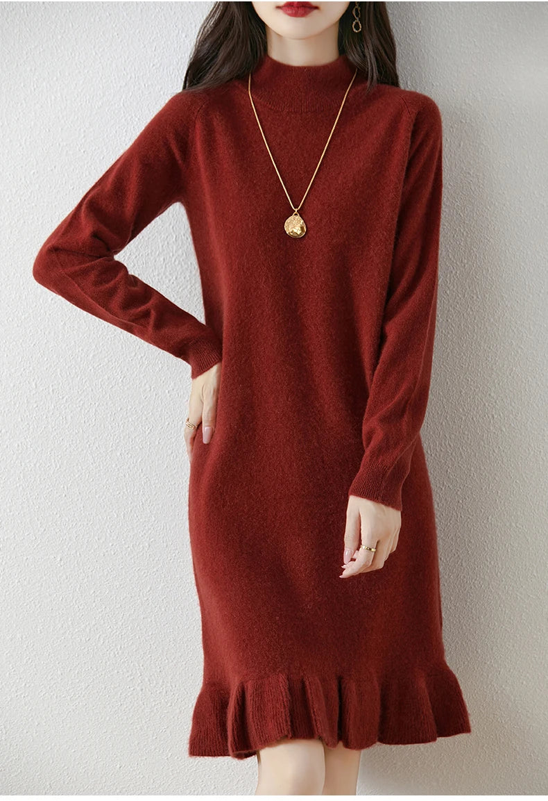 Women's Pure Wool Knitted Dress, High Collar, Pleated, Casual, Fashionable, Warm, 2024 Autumn And Winter