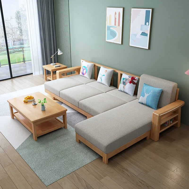 Nordic solid wood three-person sofa, modern simple fabric, small apartment concubine coffee table combination furniture