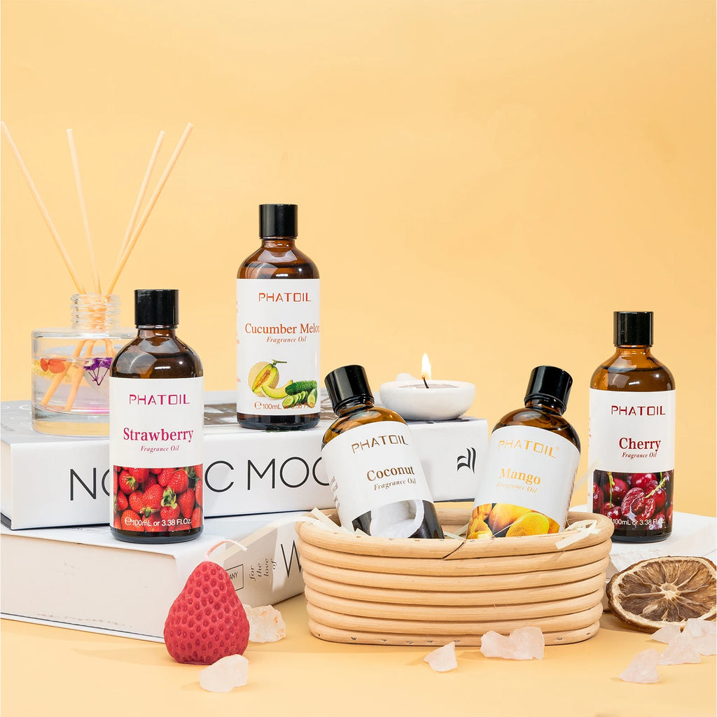 PHATOIL 100ml Fruit Series Fragrance Oils with Glass Dropper Coconut & Vanilla Strawberry Mango Cherry Aroma Oil For Diffuser