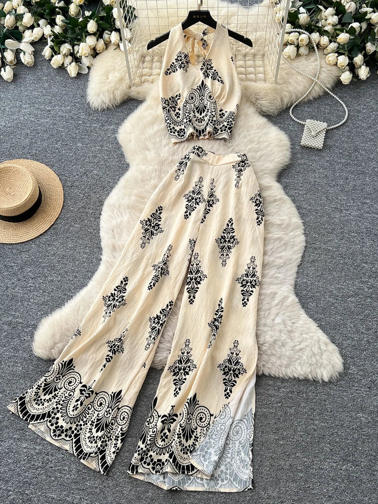 Women's Summer Two Pieces Bohemian Vacation Printed Halter Neck Sleeveless Top High Waist Wide Leg Pants Two-piece Set TP044