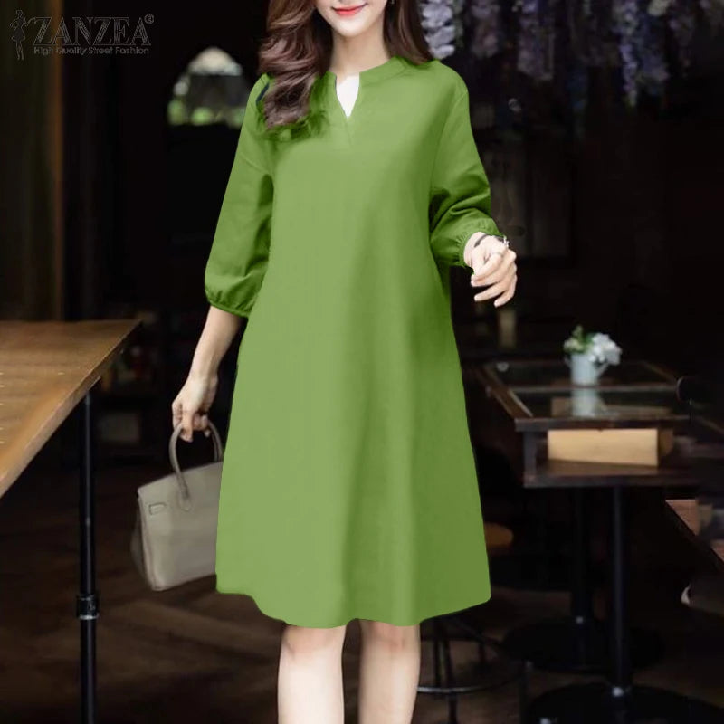 2025 ZANZEA Fashion Women V Neck 3/4 Sleeve Dress Autumn Sundress Elegant Solid OL Work Dresses Casual A Line Loose Vestido Robe