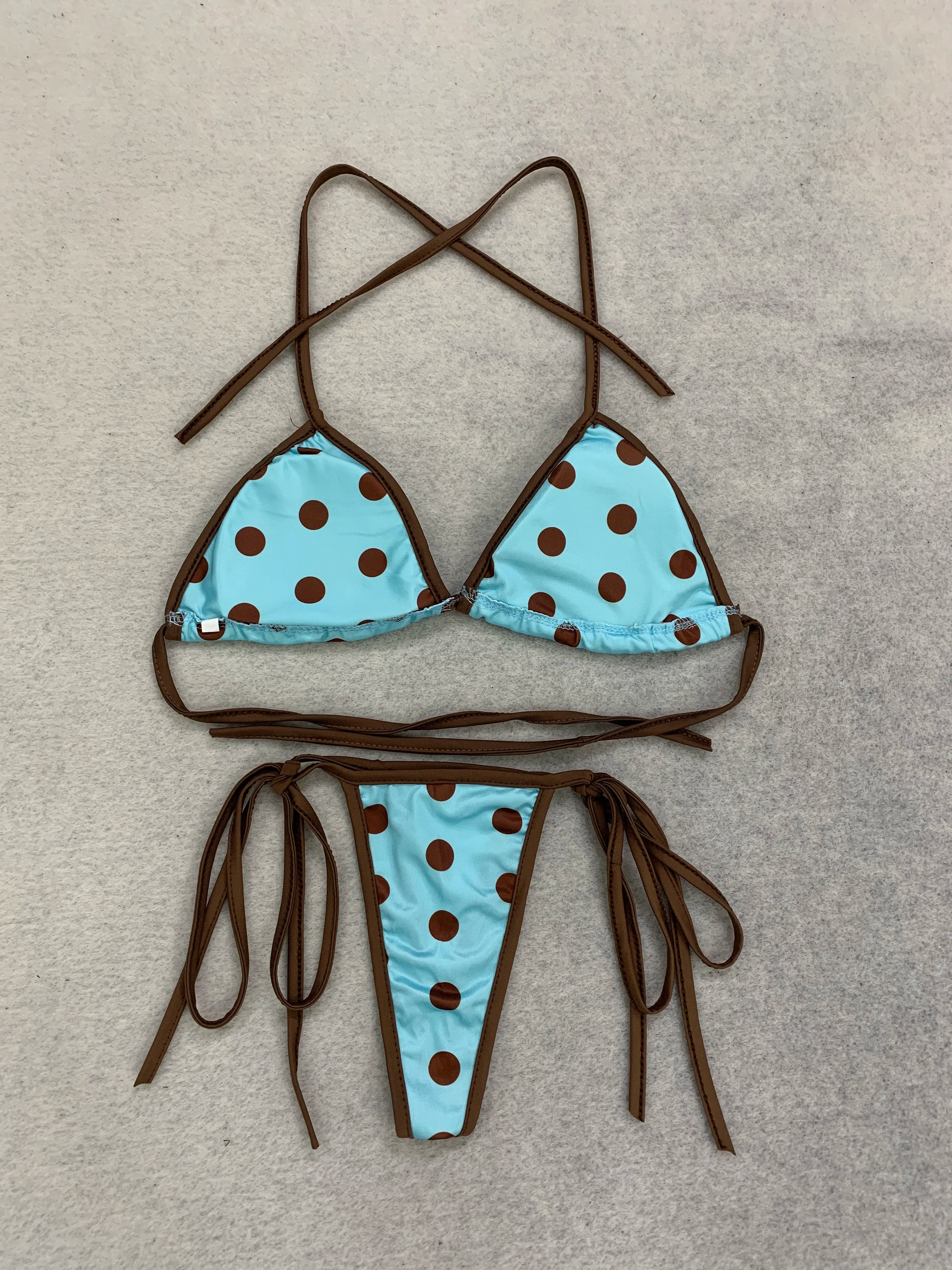 Women Retro Polka Dot 3 Piece Bikini Set Halter Triangle Top High Cut Side Tie Skirt Swimwear