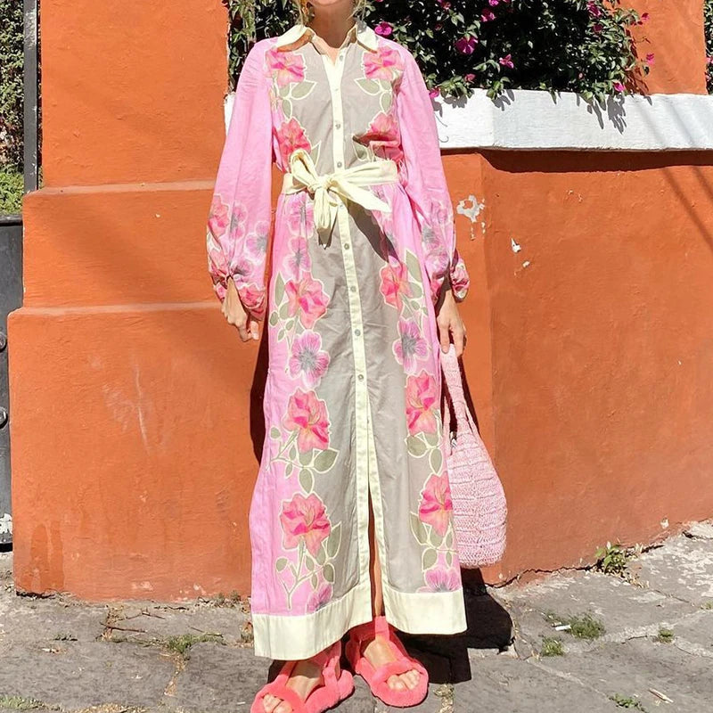 2025 Spring Elegant Robe Dresses Cotton Linen Flower Print Belt Dress Women Loose Lantern Sleeve Single Breasted Split Dresses