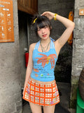 Erwofeina Hotsweet Blue Patchwork Plaid Halter Tops 2000s Clothes Y2k Sleeveless Camis Summer Tank Tops Beach Camisole Chic