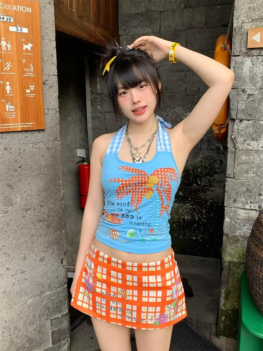 Erwofeina Hotsweet Blue Patchwork Plaid Halter Tops 2000s Clothes Y2k Sleeveless Camis Summer Tank Tops Beach Camisole Chic